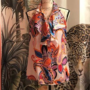 GORGEOUS HALTER STYLE RUFFLE ZIP FRONT COLORFUL PAISLEY PRINT TOP MEDIUM